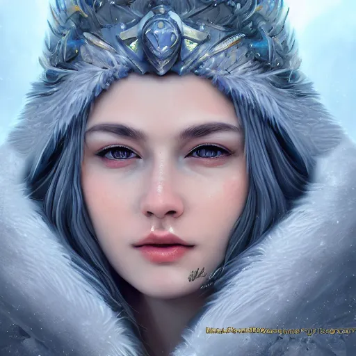 Image similar to highly detailed close up portrait of Skadi, god of winter, digital art, concept art, character art, studio lightning, bright colors, intricate, masterpiece, photorealistic, hiperrealistic, sharp focus, high contrast, Artstation HQ, DeviantArt trending, 4k UHD, Unreal Engine 5