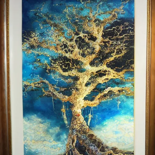 Image similar to an amano oil painting of a very wonderful perfect amazing incredible glorious beautiful mind flowing giant tree of heavenly grace