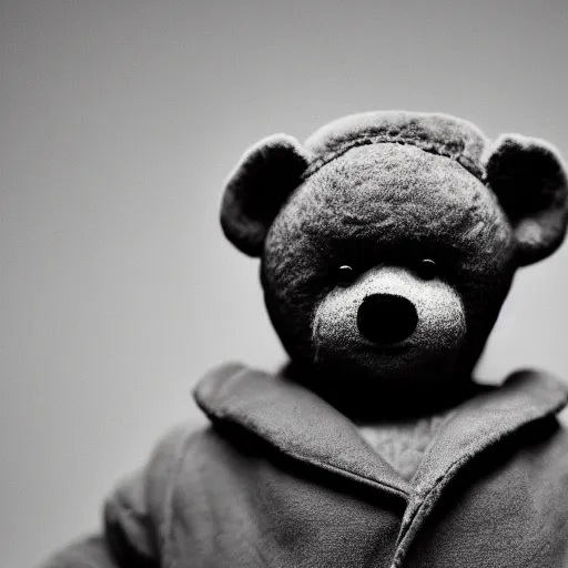 Image similar to Portrait studio photograph of Kanye West as a anthropomorphic teddy bear, close up, shallow depth of field, in the style of Felice Beato, Noir film still, 40mm