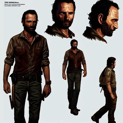 Image similar to character design sheet, rick grimes, the walking dead, fantasy, medieval, vivid colors, concept art, sharp focus, digital art, Hyper-realistic, 4K, Unreal Engine, Highly Detailed, HD, Dramatic Lighting by Brom, trending on Artstation