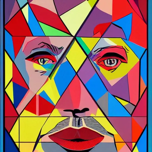 Image similar to a painting of a man's face made up of triangles, a pop art painting by Milton Glaser, featured on behance, crystal cubism, pop art, anaglyph effect, anaglyph filter