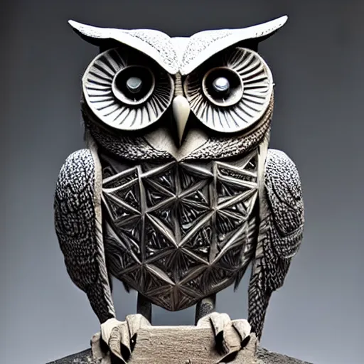 Prompt: symmetrical detailed sculpture of an owl, made of Adamantium