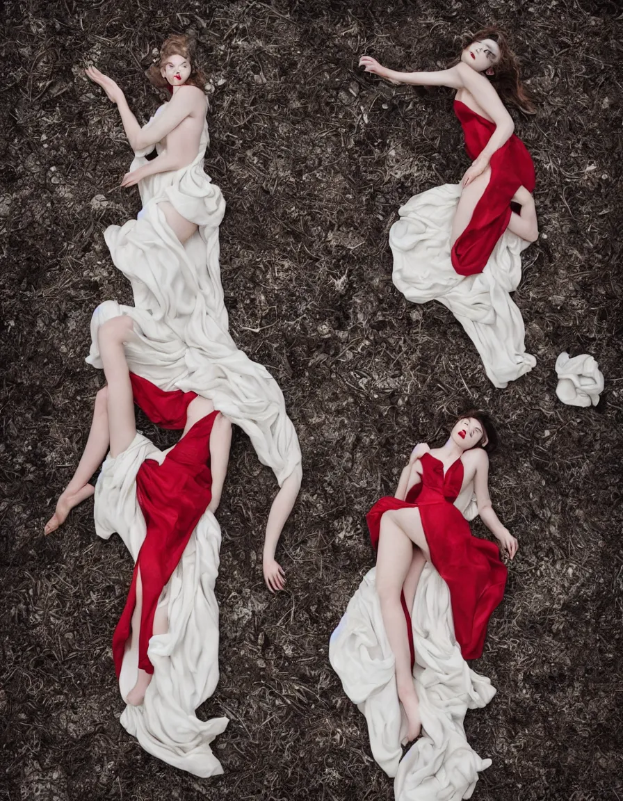 Prompt: hyper - realistic marble sculpture of anya taylor joy, red lipstick, vogue photoshoot, glamour, long dress, abandoned, gloomy, full moon, darkness, night sky, hard lighting, full body, photography, high contrast