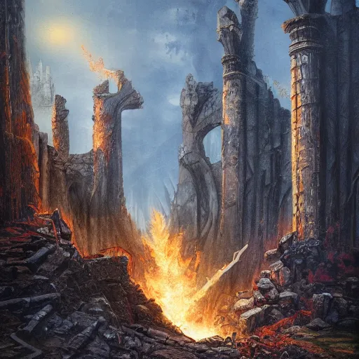 Prompt: the ruins of old Valyria, Game of Thrones, HBO, epic fantasy art, oil painting