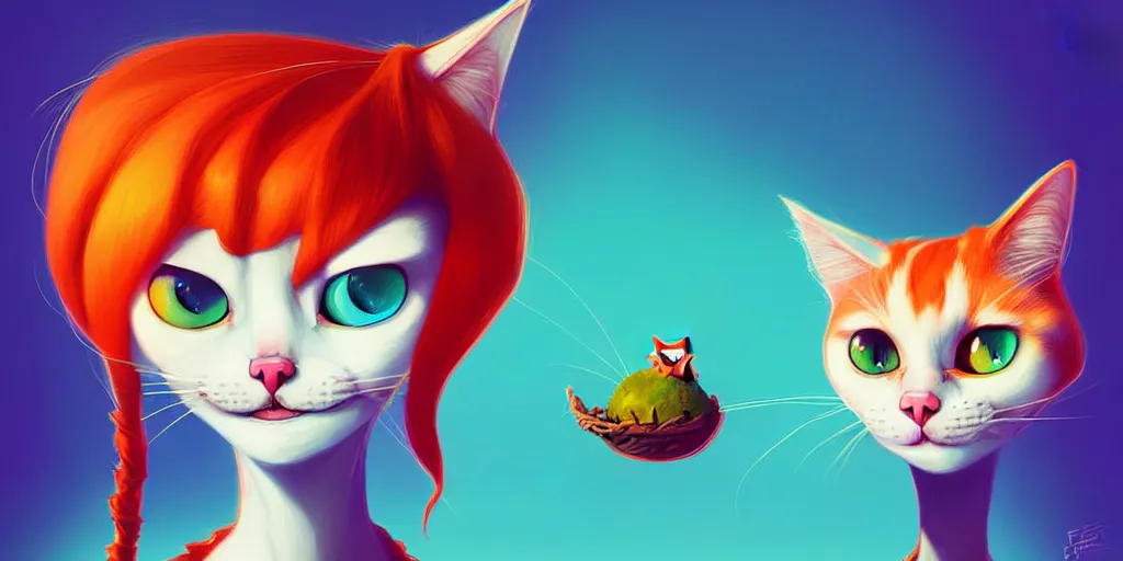 Image similar to curved perspective, extreme narrow, extreme fisheye, digital art of a female cat with ginger hairstyle with blue flower in her hair by anton fadeev from nightmare before christmas