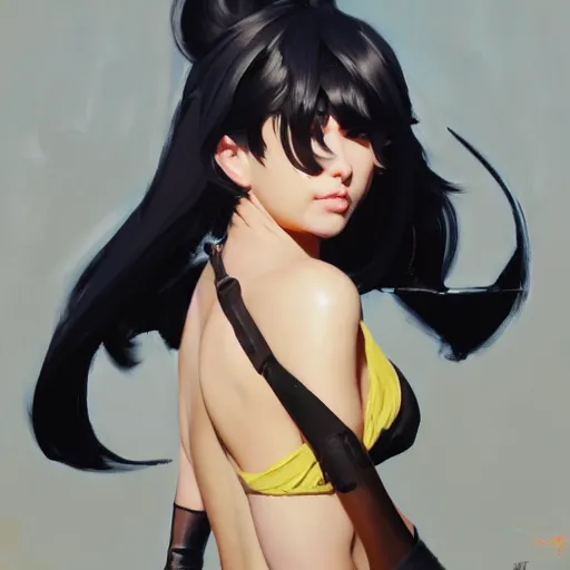 Prompt: greg manchess portrait painting of yorha type a no. 2 as tracy from overwatch, back shot, asymmetrical, profile picture, organic painting, sunny day, matte painting, bold shapes, hard edges, street art, trending on artstation, by huang guangjian and gil elvgren and sachin teng