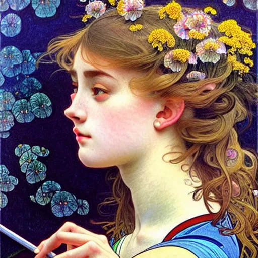 Image similar to student girl, ultra detailed painting at 1 6 k resolution and epic visuals. epically beautiful image. amazing effect, image looks crazily crisp as far as it's visual fidelity goes, absolutely outstanding. vivid clarity. ultra. iridescent. mind - breaking. mega - beautiful pencil shadowing. beautiful face. ultra high definition, alphonse mucha and artgerm