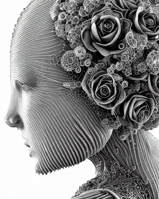 Image similar to mythical dreamy black and white organic bio - mechanical spinal ribbed profile face portrait detail of translucent steampunk beautiful female angelic - human - queen - vegetal - cyborg, highly detailed, intricate crystal ivy jelly ornate, poetic, translucent roses ornate, 3 d render, digital art, octane render, 8 k artistic photography, photo - realistic, by dora maar