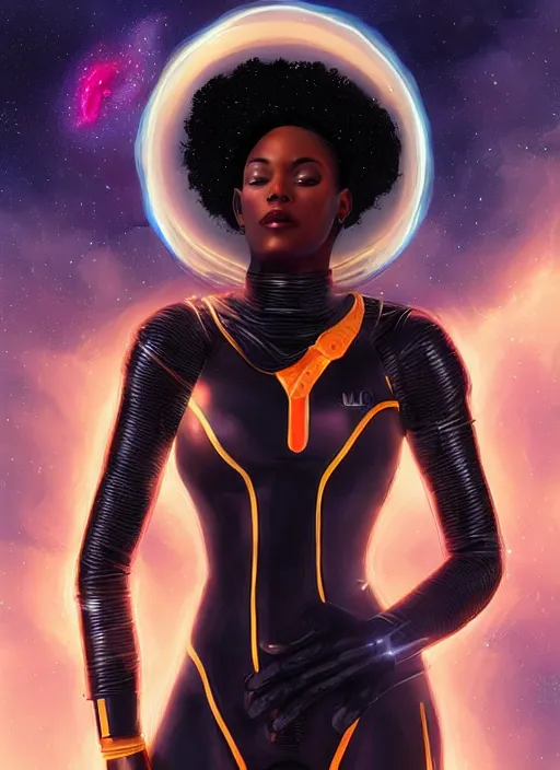 Image similar to beautiful black woman in an advanced spacesuit in front of exploding nebulae halos, digital illustration trending on artstation by artgerm and rutkowski