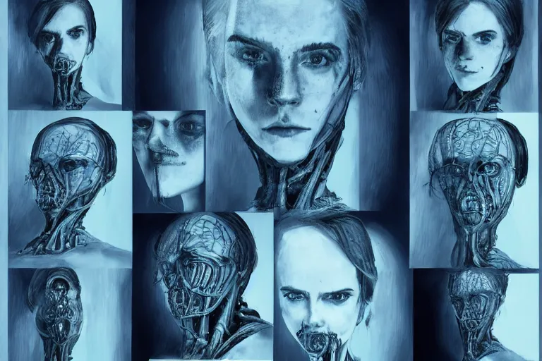 Prompt: emma watson by h. r. giger, light blue tint, biomechanical, concept art