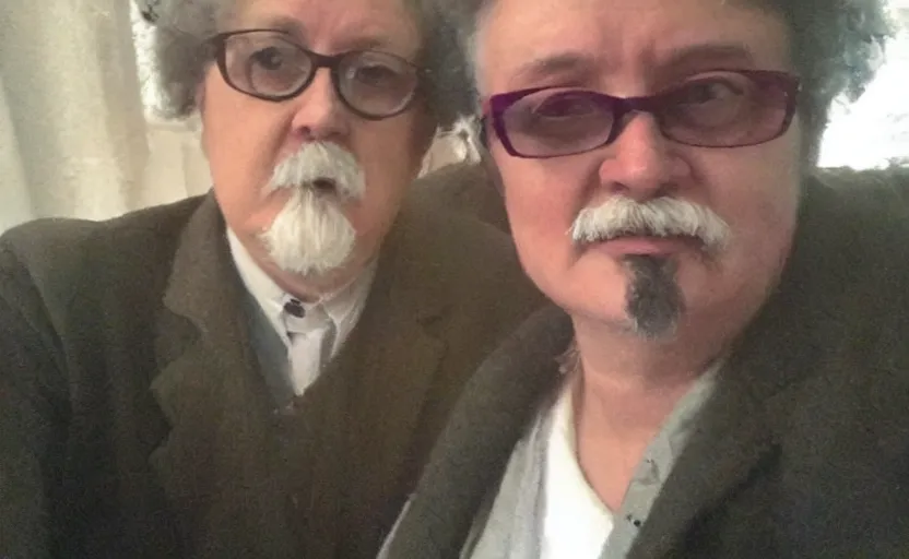 Image similar to my auntie that look like trotsky accidentally taking a selfie, front camera, camera flash is so bright in his face, viral, selfie, viral on twitter, viral on instagram, viral photo