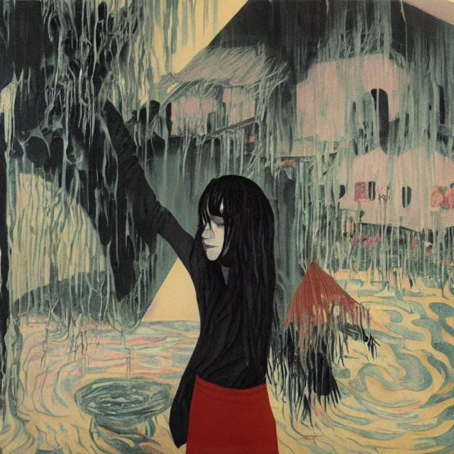 Image similar to tall female emo artist in her flooded kitchen, water gushing from ceiling, painting of flood waters inside an artist's home, a river flooding indoors, pomegranates, pigs, ikebana, zen, water, octopus, river, rapids, waterfall, black swans, canoe, berries, acrylic on canvas, surrealist, by magritte and monet