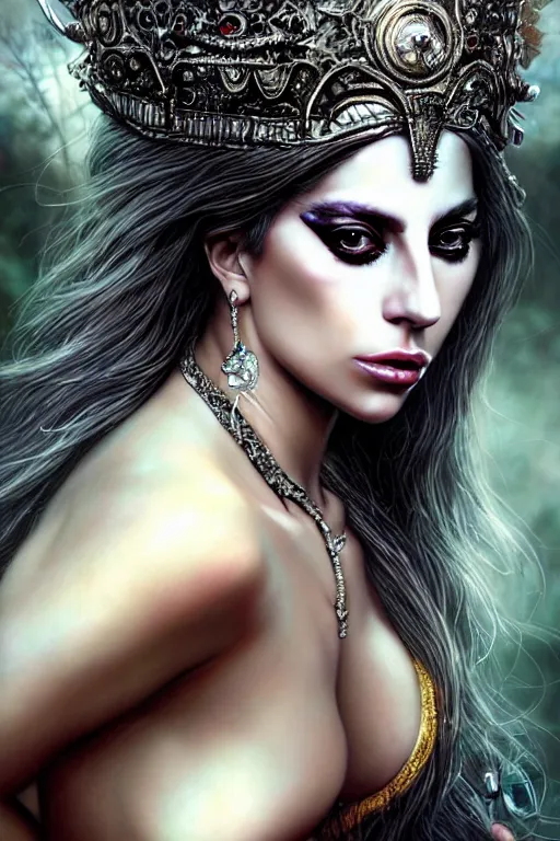 Image similar to Lady Gaga as a beautiful Goddess, fantasy, portrait, sharp focus, intricate, elegant, digital painting, artstation, matte, highly detailed, concept art, illustration, ambient lighting, art by Luis Royo