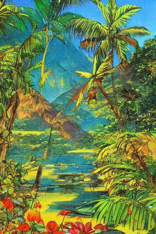 Prompt: a 2D drawing of a beautiful Philippine landscape, colorful and exotic by hiroshi yoshida