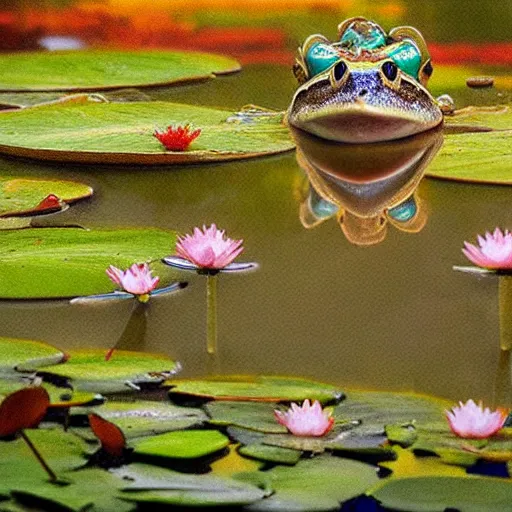 Image similar to fantasy art, close - up of a frog in a small crown!!! in the pond with water lilies, shallow depth of field, highly detailed, autumn, rain, masterpiece, matte painting, sharp focus, matte painting, by isaac levitan, by monet, asher brown durand,