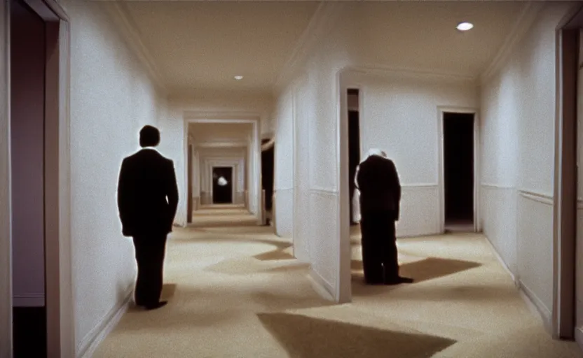 Prompt: White Backrooms in the shining by stanley kubrick, shot by 35mm film color photography