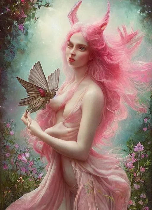 Prompt: a beautiful pink fairy with large wings and long flowing hair exploring her flower garden, style of tom bagshaw, extremely detailed, muted colors