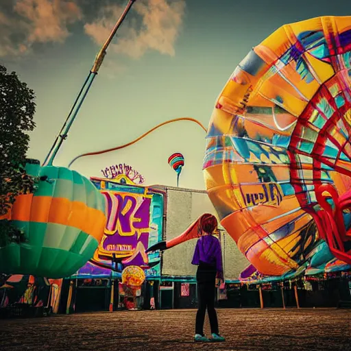 Image similar to a girl holding a balloon at a fairground. buildings with graffiti. dusk. photograph in the style of simon stalenhag