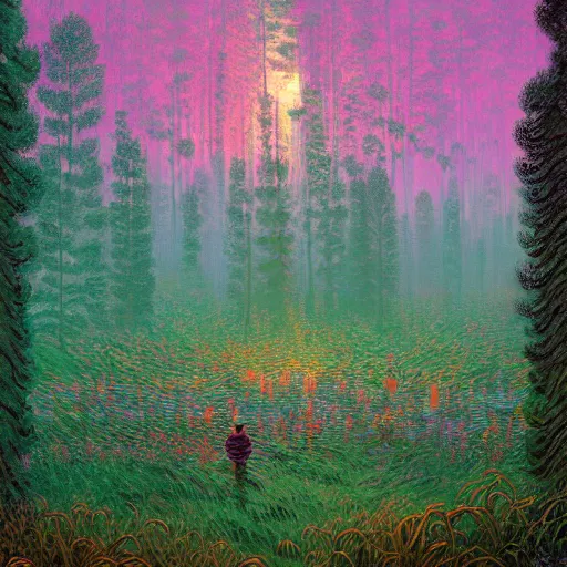 Image similar to A magical forest by Dan Mumford, Simon Stålenhag and Claude Monet