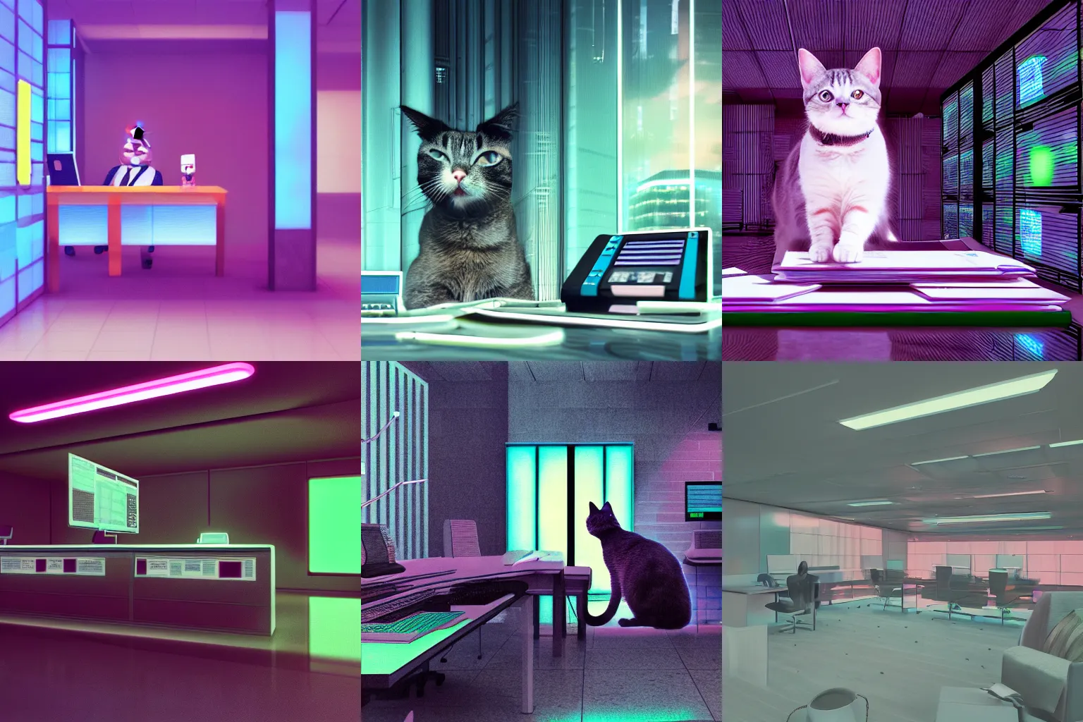 Prompt: the cat was the only reason the accounting department functioned at all, vaporwave, octane render, neon, cyberpunk