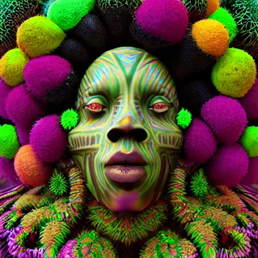 Image similar to an african marijuanna! shaman with an afro made of flowers, third eye art art by machina infinitum, complexity from simplicity, rendered in octane, mandelbulb 3 d, ambient occlusion, radiant lighting, macro photography, felt!!! texture, tribal, pastel! retrowave