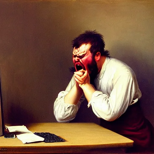 Image similar to an angry man yells at his computer monitor, oil on canvas, 1 8 8 3, highly detailed