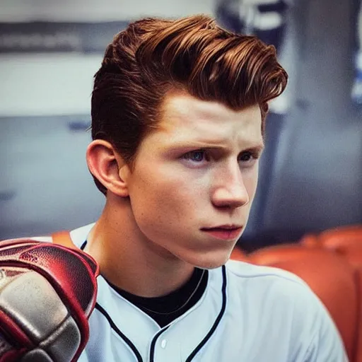 Image similar to “a realistic photo of a guy who is an attractive baseball player man who is part cyborg and part humanoid, who is a robot, Tom Holland, close up detailed”