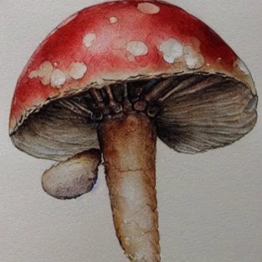 Prompt: jean - baptiste monge water color on white paper watercolor sketch of mushrooms hard edges, pencil lines, drips, runs, spatter, details. red chrome. jean - baptiste monge!!!!!