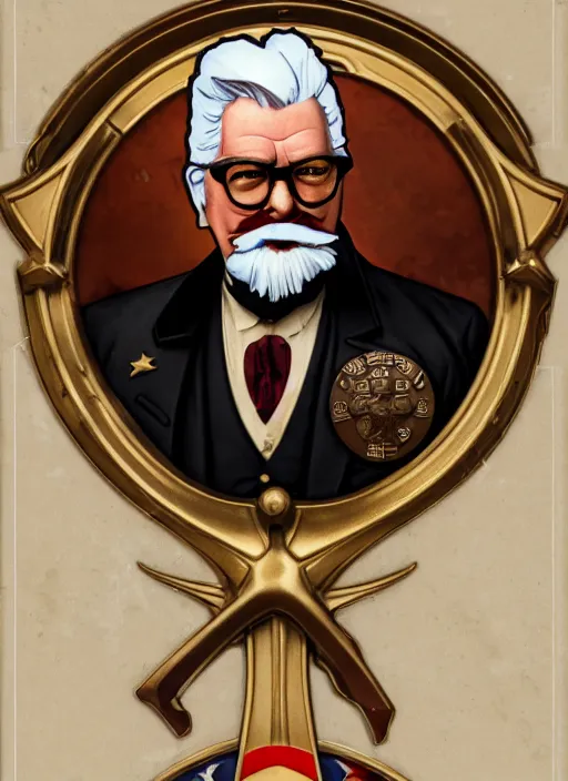 Image similar to close up portrait of colonel sanders, decorated civil war veteran, many medals by artgerm, cushart krenz, greg rutkowski, mucha. art nouveau. gloomhaven, golden arches logo, pale colors, sharp edges. ultra clear detailed. 8 k. elegant, intricate, octane render