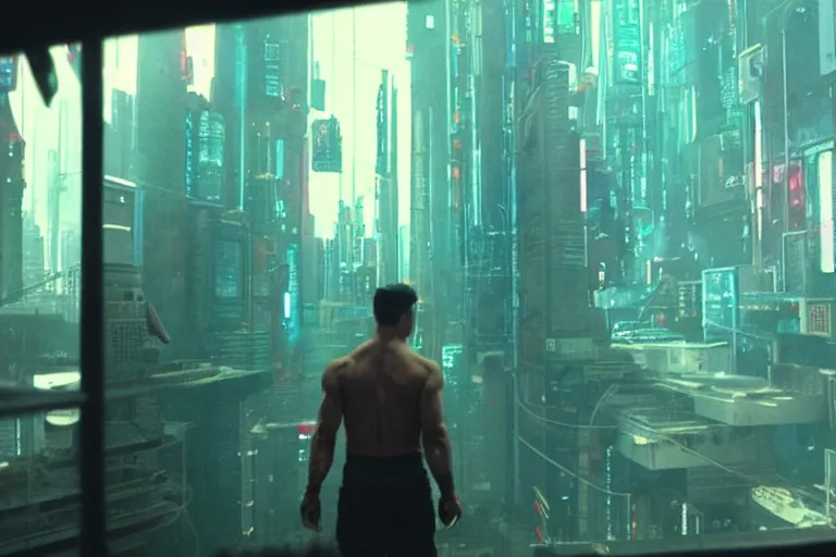 Image similar to cinematography of buff cyberpunk man by Emmanuel Lubezki