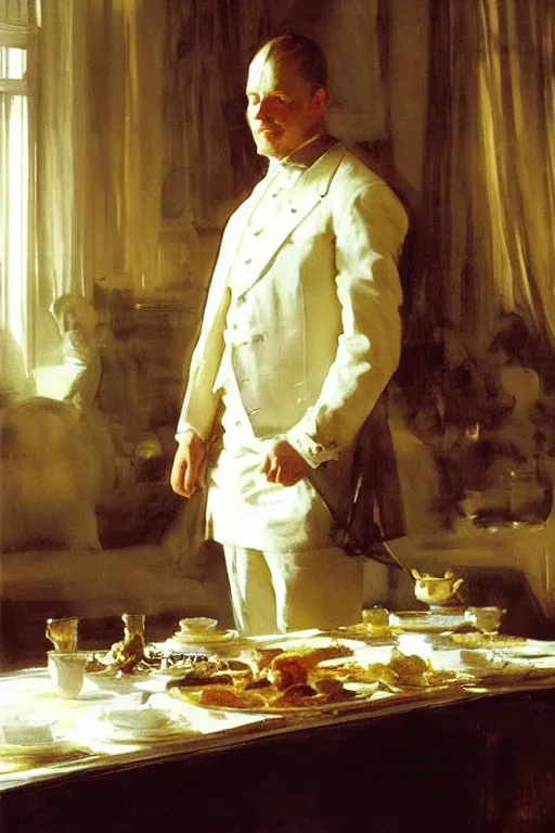 Image similar to portrait of a respectable dignified royal business elite politician standing on top of a finely set table calmly stepping in the food art by anders zorn, wonderful masterpiece by greg rutkowski, beautiful cinematic light, american romanticism by greg manchess, jessica rossier