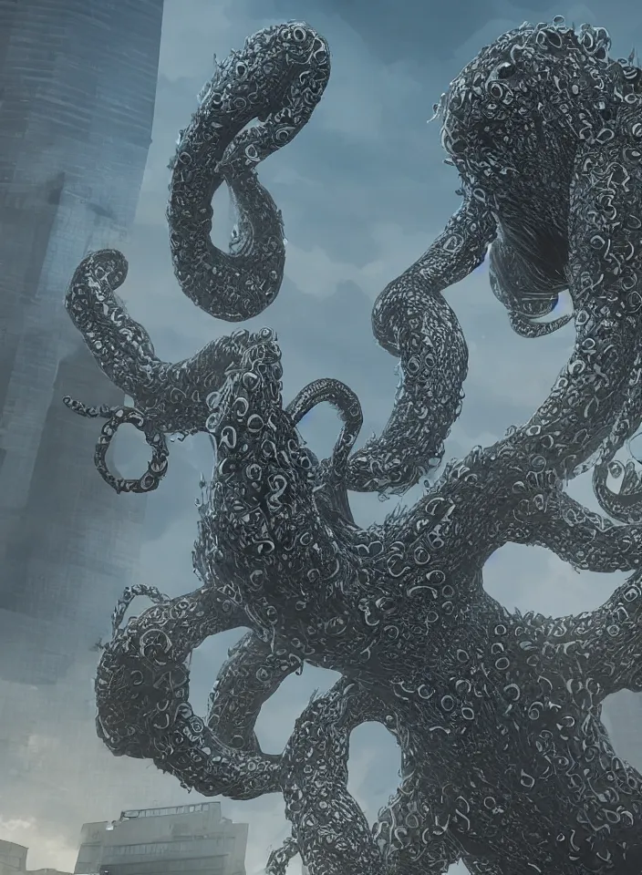 Prompt: A very giant Kraken-like multi-eyed monster jumped up with its jaws on a high-rise office building and wrapped his tentacles all around him. High detail, front view, photorealism, concept art, octane render, zoom, 8k