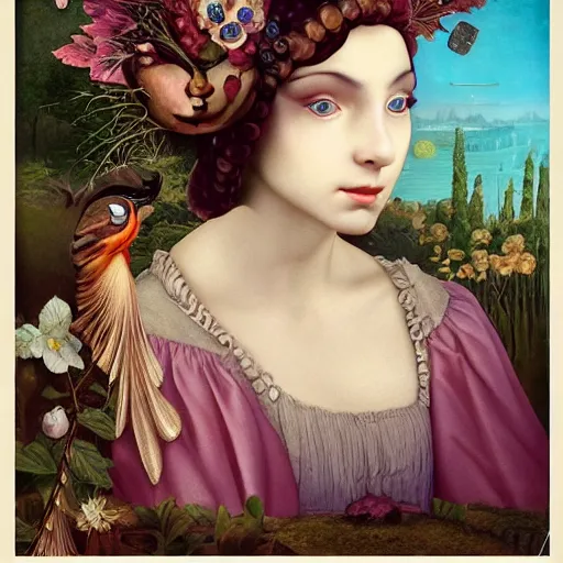 Prompt: a very detailed close portrait of young woman in renaissance dress with a glass face and a surreal renaissance headdress, very surreal garden, cyberpunk, surreal tea party, birds, nature, strange creatures, by christian schloe and botticelli, naotto hattori, amy sol, roger dean, godward, hikari shimoda, moody colors