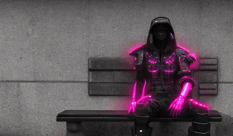 Prompt: neon cyberpunk knight armor sitting on a bench in the middle of a cyberpunk city alone, close shot, 8k, cinematic, epic, ultra detailed, award winning, trending on artstationHD, dramatic