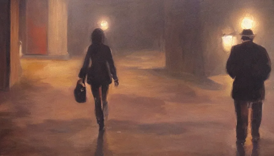 Prompt: oil painting, man leaving with her, cinematic lighting