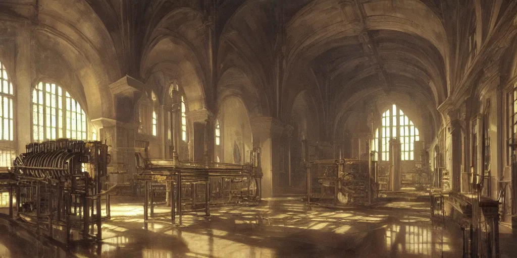 Image similar to interior, pipe organ factory, fantasy, 19th century, ghostly smoke, highly detailed, Artstation, oil on canvas painting by caravaggio and alan lee and john howe