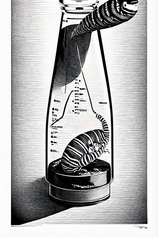 Image similar to an erlenmeyer flask with a caterpillar inside, bold line art, by vincent di fate and joe fenton, inking, etching, screen print, masterpiece, trending on artstation, sharp, high contrast, hd