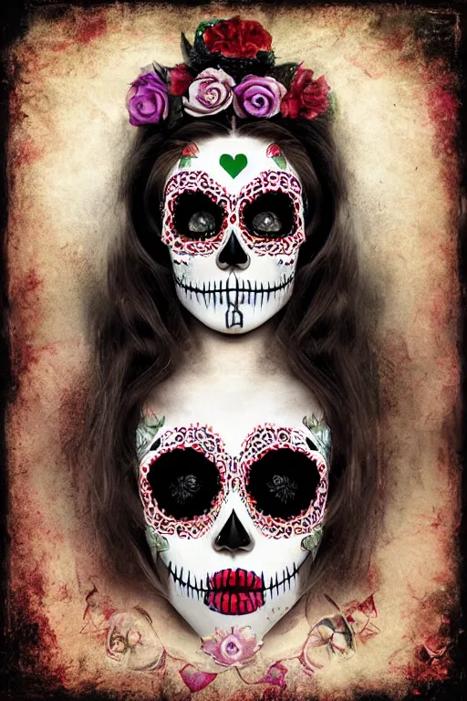 Prompt: Illustration of a sugar skull day of the dead girl, art by brook shaden