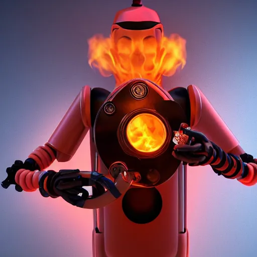 Image similar to An album cover, fire, mask, stethoscope, 3d render, ((robot)), (unreal engine), photograph, portrait, São Paulo