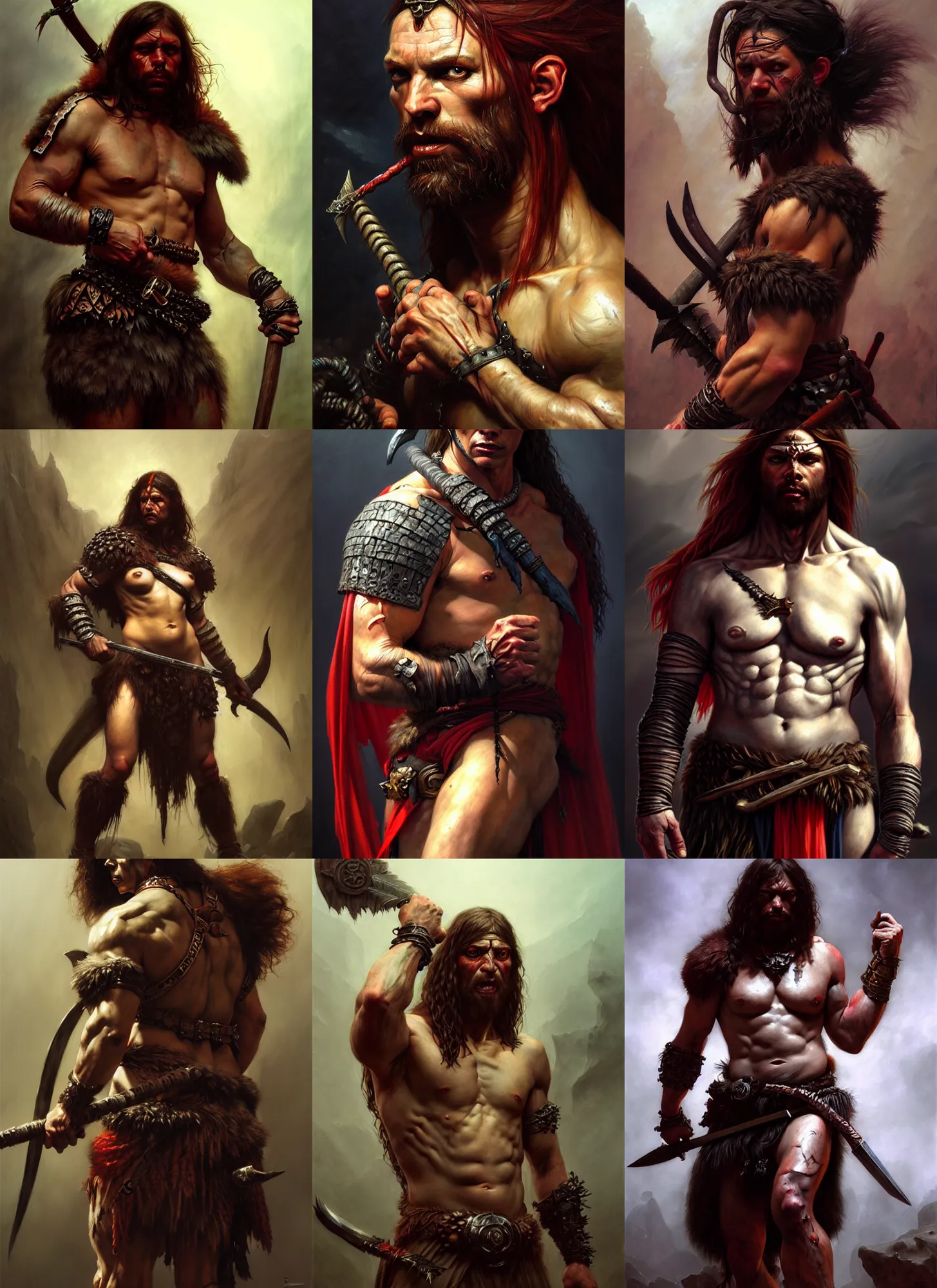 Prompt: barbarian, savage, full body, hyper realistic, extremely detailed, dnd character art portrait, dark fantasy art, intricate fantasy painting, dramatic lighting, vivid colors, deviant art, artstation, by edgar maxence and caravaggio and michael whelan and delacroix.