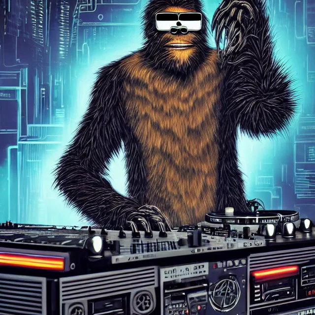 Image similar to a portrait of an anthropomorphic cyberpunk bigfoot dj at the turntables, detailed render, tape deck, boombox, headphones, epic composition, cybernetics, 4 k realistic, cryengine, realistic shaded lighting, sharp focus, masterpiece, by matteo scalera, gary montalbano, peter elson in the style of the tokyo ghost comic