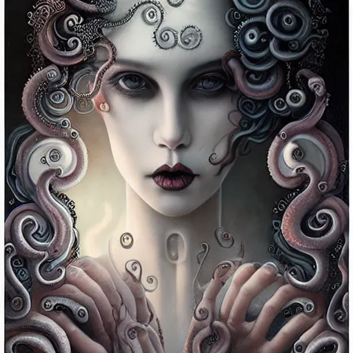 Prompt: By Tom Bagshaw, ultra realist soft painting of a curiosities carnival bubbles and tentacles by night, very beautiful female dollpunk in full gothic dress, symmetry accurate features, very intricate details, omnious sky, black and white, volumetric light clouds