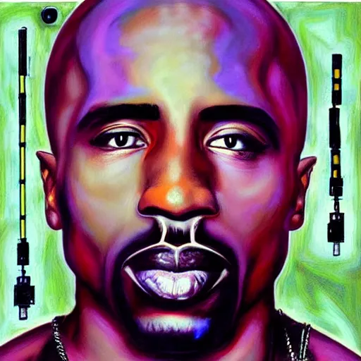 Prompt: a realistic oil painting of tupac shakur as a cybernetic cyborg, surrealism portrait, surrealism album cover