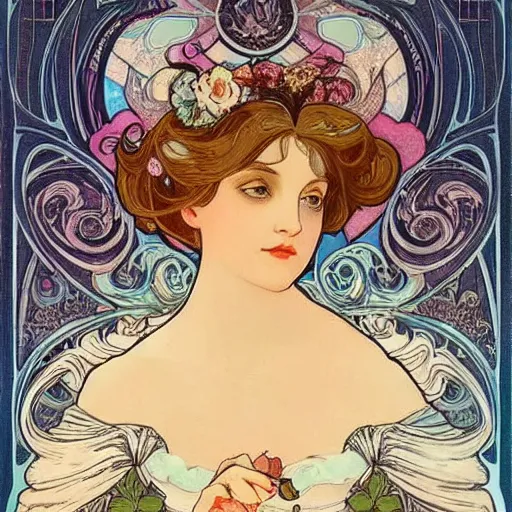 Image similar to Alice in Wonderland,Diamonds Blaze,Rose twining,luxuriant,dreamy, eternity, romantic,highly detailed,in the style of Alphonse Maria Mucha, highly detailed,night lighting