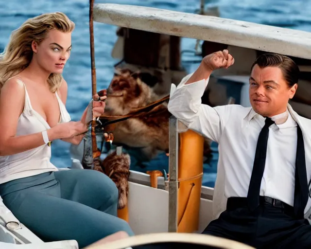 Image similar to leonardo dicaprio as the wolf of wall street next to margot robbie as naomi from the wolf of wall street sitting in a fishing boat, hyper realistic faces, beautiful eyes, cinematic, long shot, hyper detailed, 8 5 mm photograph, 8 k resolution, film still, sharp lens, wide lens