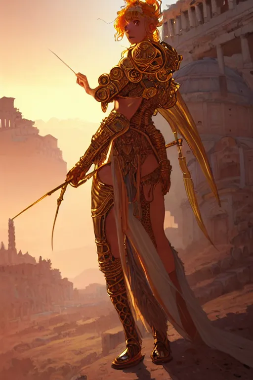 Image similar to portrait knights of zodiac girl, golden and copper armor, in ruined agora of athens sunrise, ssci - fi and fantasy, intricate and very very beautiful and elegant, highly detailed, digital painting, artstation, concept art, smooth and sharp focus, illustration, art by tian zi and wlop and alphonse mucha and ilya kuvshinov