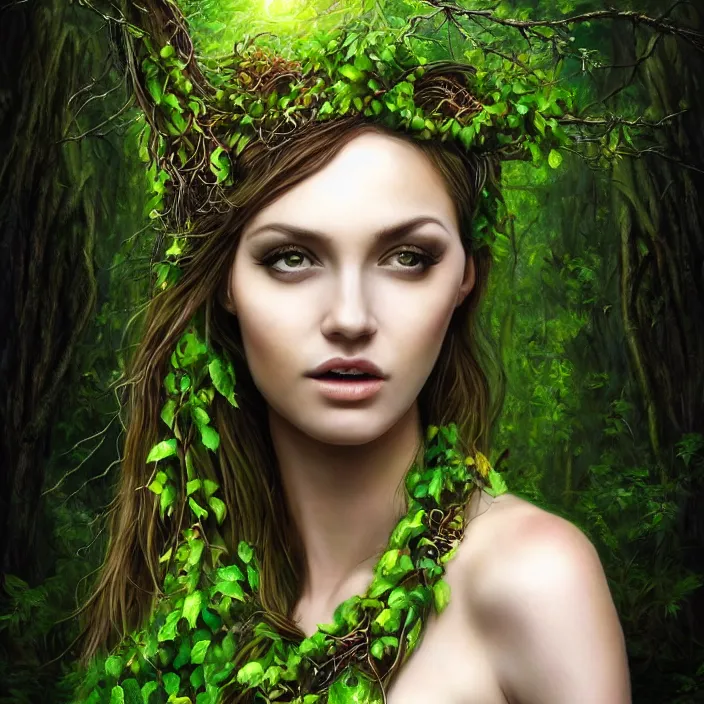 Prompt: nature goddess, beautiful portrait, skin is green, entwined in vines and nature, forest theme, dark forest, light shining through, hyper - realistic, extremely detailed
