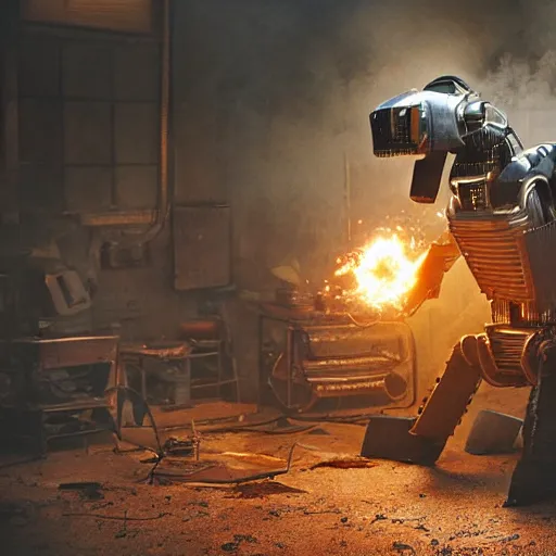 Image similar to toaster oven terminator robot, dark messy smoke - filled cluttered workshop, dark, dramatic lighting, orange tint, sparks, cinematic, highly detailed, sci - fi, futuristic, movie still