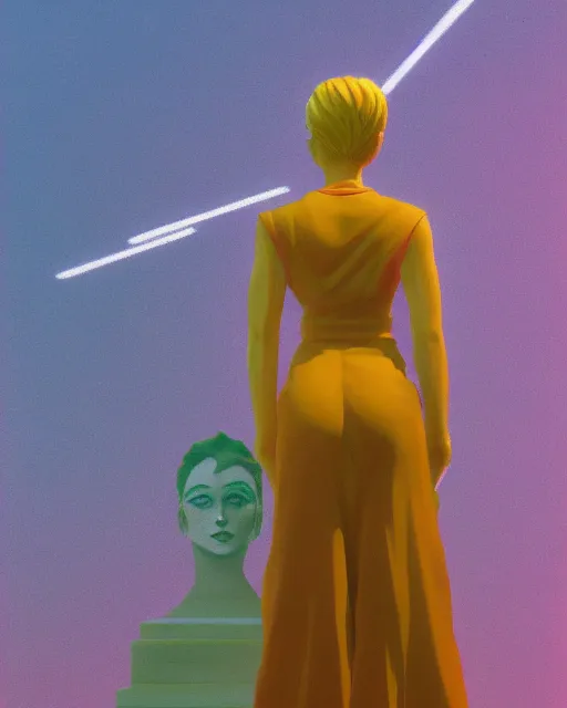 Image similar to a painting of a woman standing in front of a statue, a screenshot by stanley twardowicz, cgsociety, aestheticism, aesthetic, vaporwave, anime aesthetic