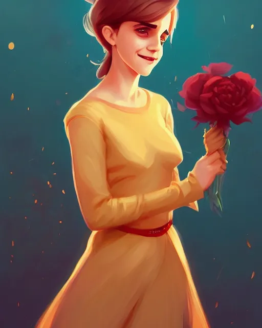 Image similar to a portrait of a beautiful full body Emma Watson smiling, pretty gold and red dress, art by lois van baarle and loish and ross tran and rossdraws and sam yang and samdoesarts and artgerm, digital art, highly detailed, intricate, sharp focus, Trending on Artstation HQ, deviantart, unreal engine 5, 4K UHD image